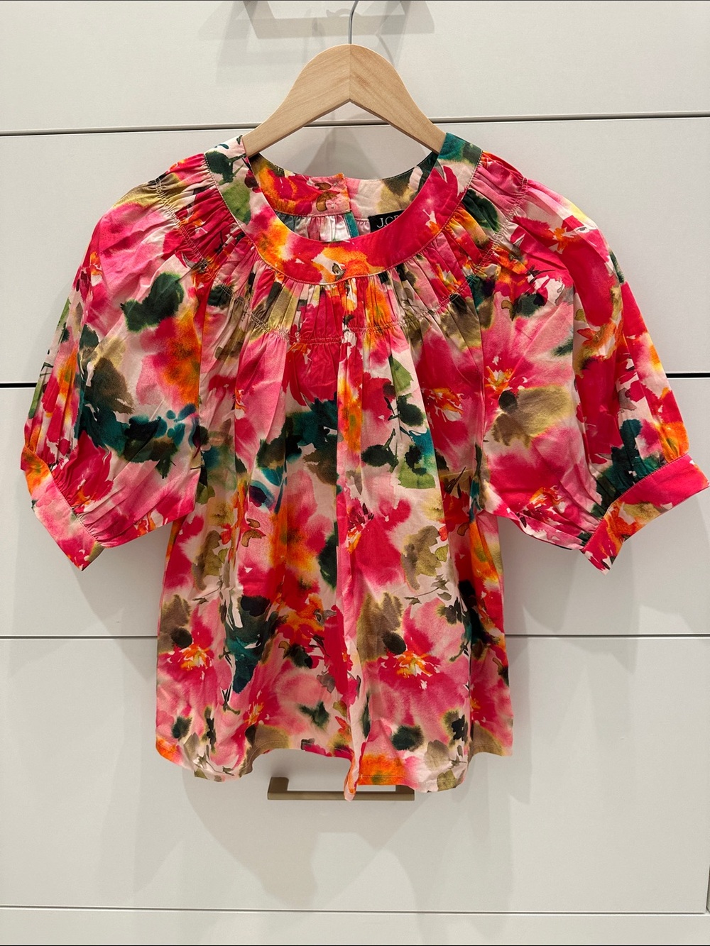 JCrew NWT Smock Neck Puff Sleeve Top- Pink Multi